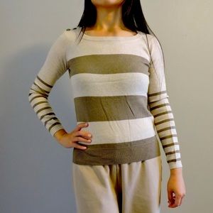 Wilfred Free Cotton Wool Sweater w/ Olive Green Stripes & Shoulder Buttons